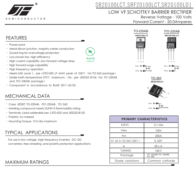 SR20100LCT MBR20100 Diode 