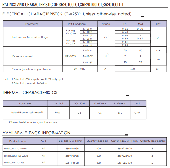 SR20100LCT MBR20100 Diode 